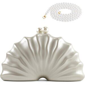 Pearl White Acrylic Shell Evening Purse with Detachable Chain - 8.8" x 2.4"